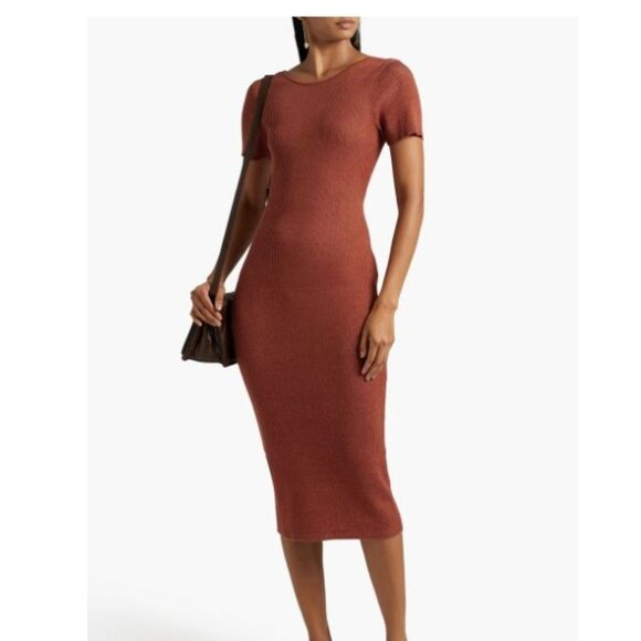 Naadam Women's XS Bodycon Reversible Ribbed Cotton Cashmere Blend Midi Dress Bri - Picture 3 of 11